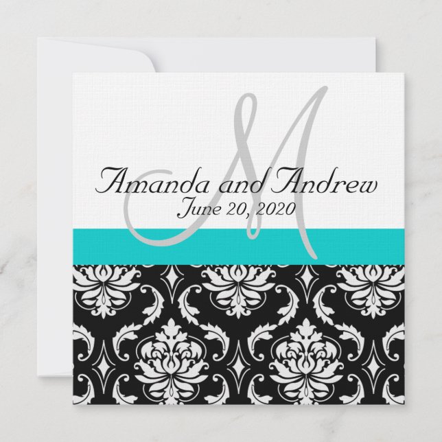Aqua Teal Black Damask Names Wedding Invitation (Front)