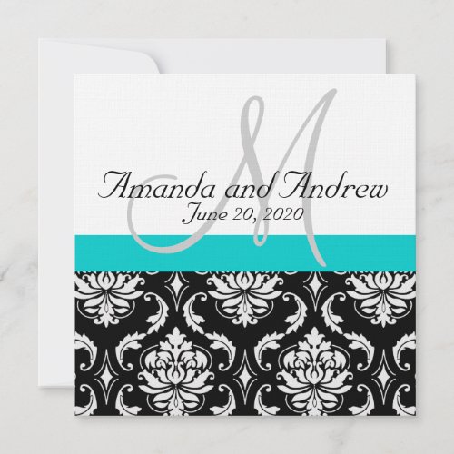 Aqua Teal Black Damask Names Wedding Invitation