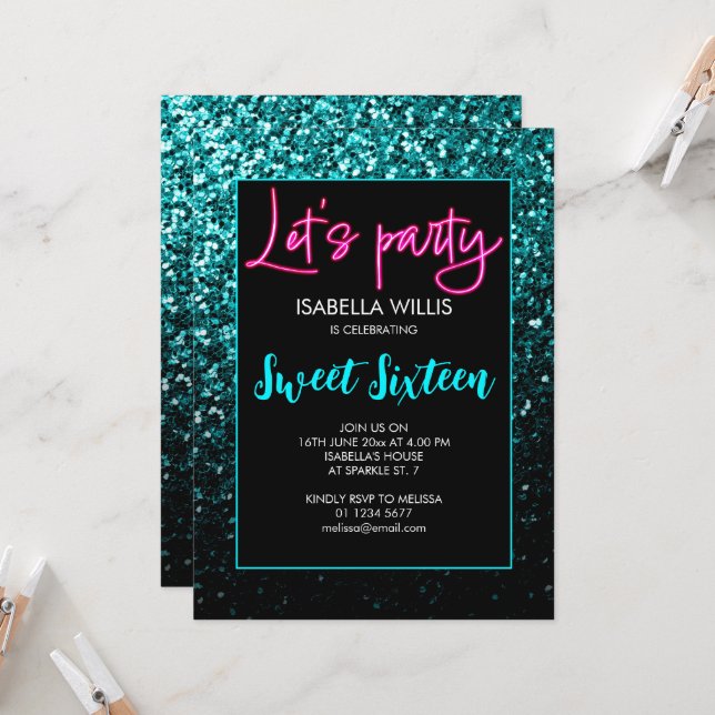 Aqua teal black sparkles Sweet 16 neon lets party  Invitation (Front/Back In Situ)