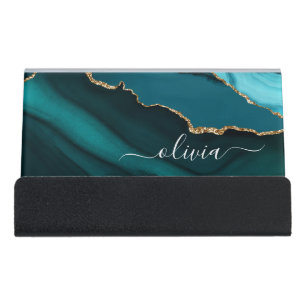 Aqua Teal Blue Agate Geode Gold Monogram Desk Business Card Holder