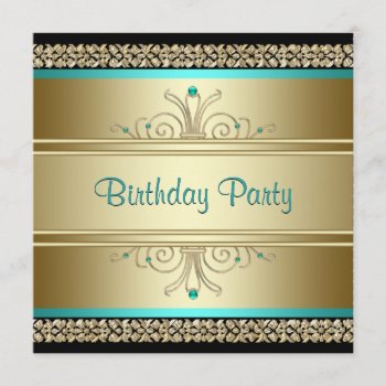 Aqua Teal Blue And Gold Birthday Party Invitation by Champagne_N_Caviar at Zazzle