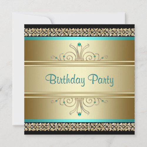 Aqua Teal Blue Gold Black Womans Birthday Party Invites