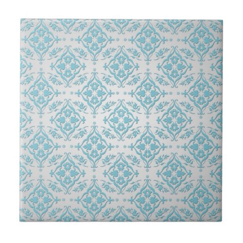 Aqua Teal Blue and Silver Damask Tile