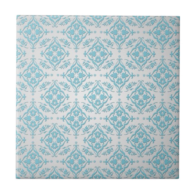 Aqua Teal Blue and Silver Damask Tile (Front)