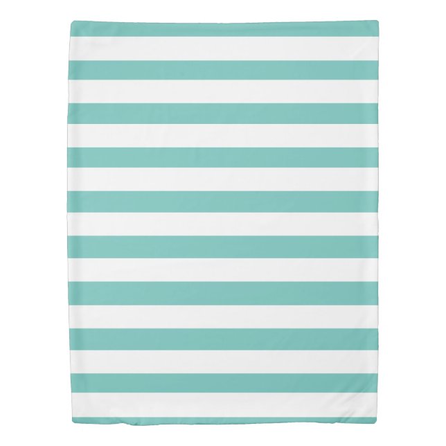 Aqua Teal Blue and White Striped Nautical Coastal  Duvet Cover (Front)