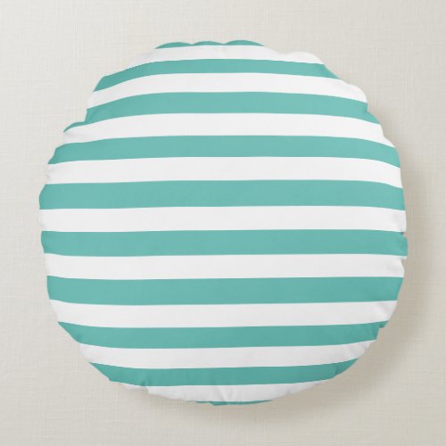 Aqua Teal Blue and White Striped Nautical Coastal  Round Pillow