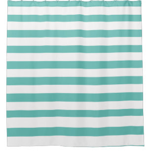 Aqua Teal Blue and White Striped Nautical Coastal Shower Curtain