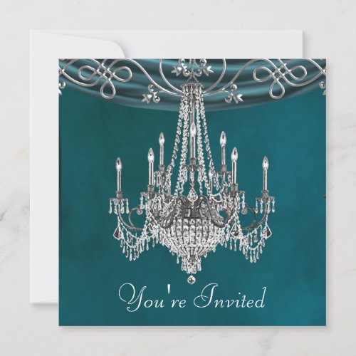 Aqua Teal Blue Chandelier Party Invitations