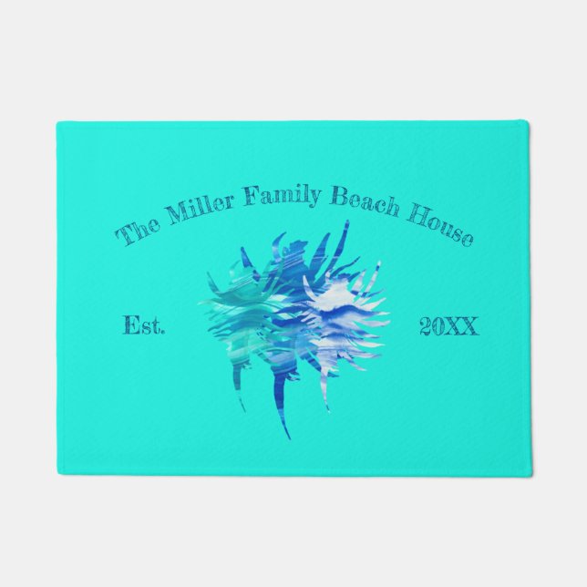 Aqua-teal blue conch wave-silhouette watercolor doormat (Front)