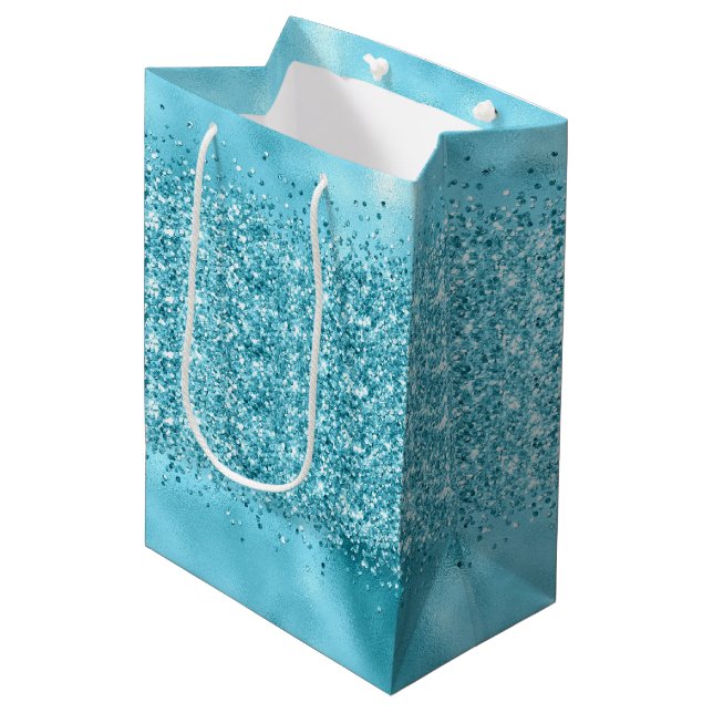 Aqua Teal Blue Confetti Sparkle Medium Gift Bag (Front Angled)