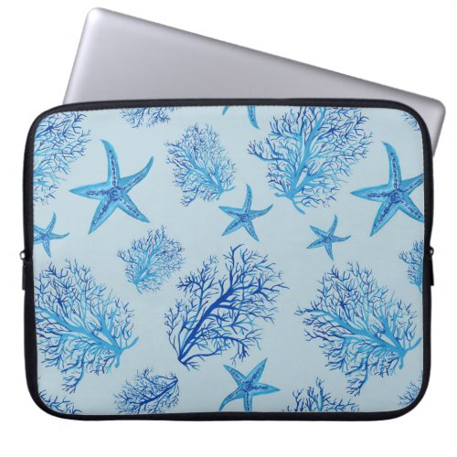 Aqua teal_blue coral and starfish watercolor  laptop sleeve