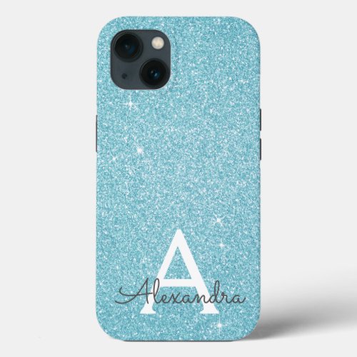 Aqua Teal Blue Glitter and Sparkle Monogram Case_M iPhone 13 Case