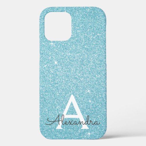 Aqua Teal Blue Glitter and Sparkle Monogram iPhone 12 Pro Case