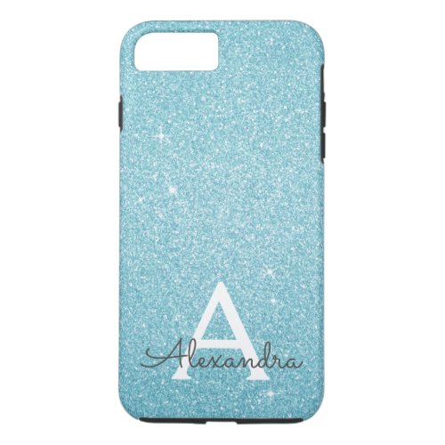 Aqua Teal Blue Glitter and Sparkle Monogram iPhone 8 Plus7 Plus Case