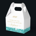 Aqua Teal Blue Glitter Confetti Chic Personalized Favor Boxes<br><div class="desc">Turquoise teal blue aqua green glitter confetti with sparkly accents and chic elegant custom thank you text on a white gable favor box perfect for a modern and minimal, classic Bat Mitzvah celebration and reception or sweet 16 birthday party. All of the gold text is editable to suit a little...</div>