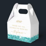 Aqua Teal Blue Glitter Confetti Chic Personalized Favor Boxes<br><div class="desc">Turquoise teal blue aqua green glitter confetti with sparkly accents and chic elegant custom thank you text on a white gable favor box perfect for a modern and minimal, classic Bat Mitzvah celebration and reception or sweet 16 birthday party. All of the gold text is editable to suit a little...</div>