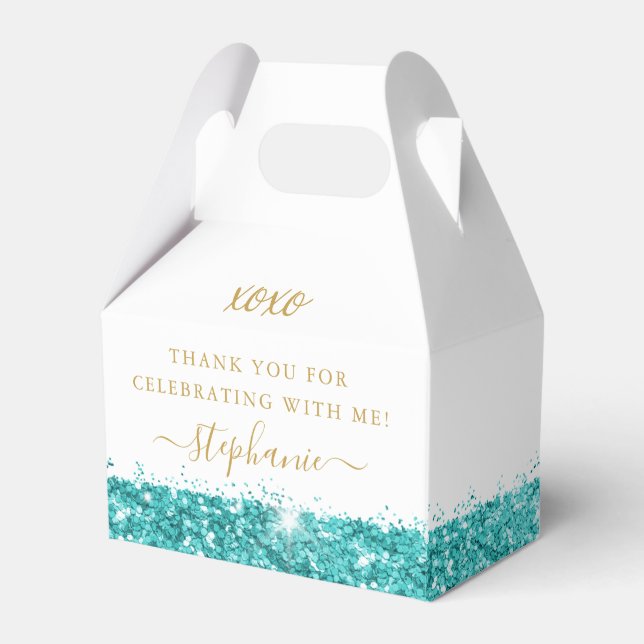 Aqua Teal Blue Glitter Confetti Chic Personalized Favor Boxes (Front Side)