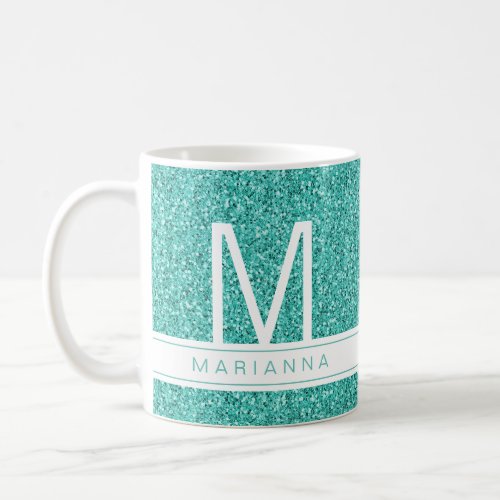 Aqua Teal Blue Glitter Monogram Custom Name Coffee Mug