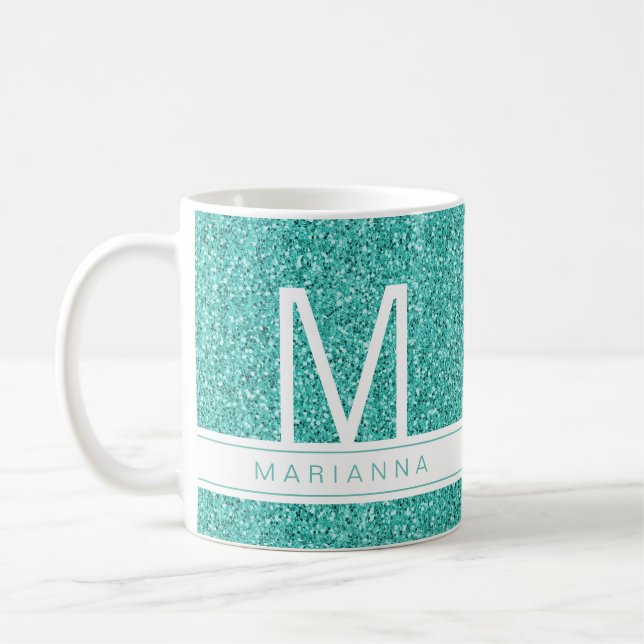 Aqua Teal Blue Glitter Monogram Custom Name Coffee Mug (Left)