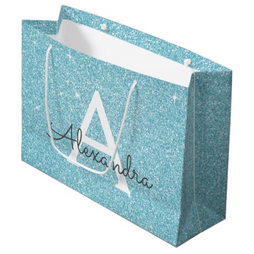 Aqua Teal Blue Glitter  Sparkle Monogram Large Gift Bag