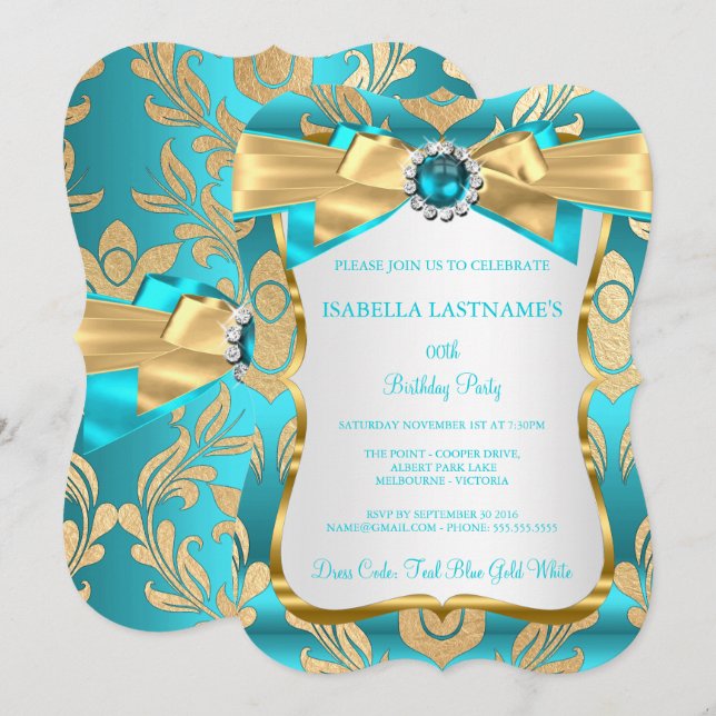 Aqua Teal Blue Gold Damask Birthday Party Invite (Front/Back)