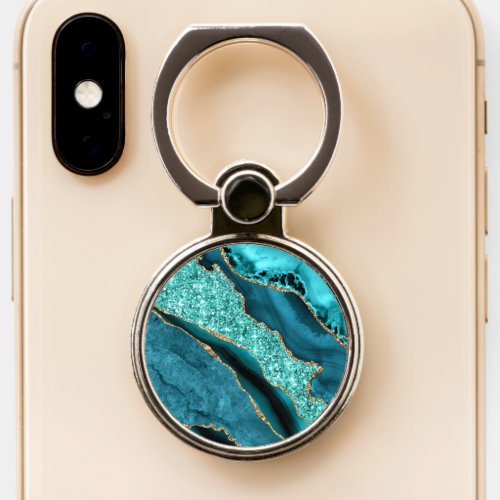 Aqua Teal Blue Gold Glitter Phone Ring Stand