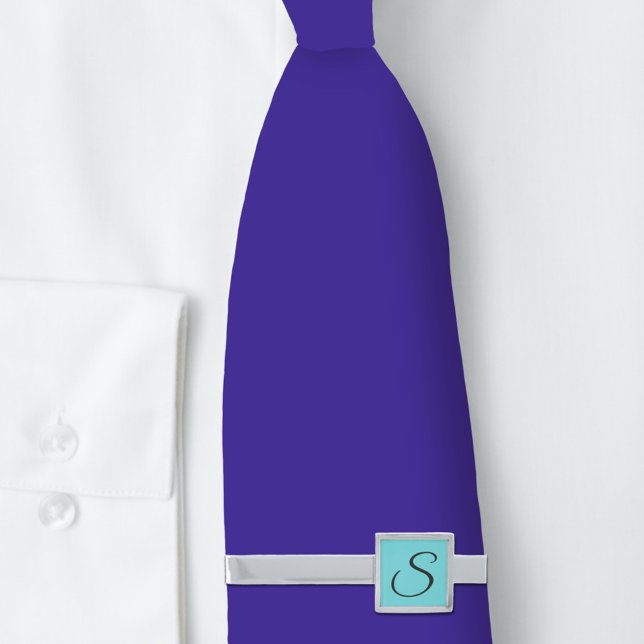 Aqua Teal Blue Green Turquoise Custom Monogram Silver Finish Tie Bar (Creator Uploaded)