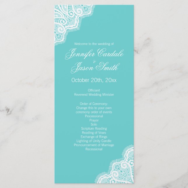Aqua Teal Blue Lace Edge Vertical Wedding Programs (Front)