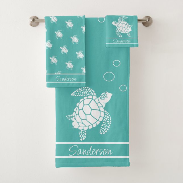 Aqua Teal Blue Monogram  White Sea Turtle Nautical Bath Towel Set (Insitu)