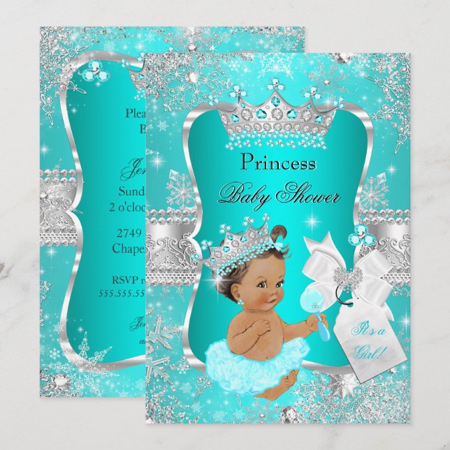 Aqua Teal Blue Princess Baby Shower Brunette Invitation (Front/Back)