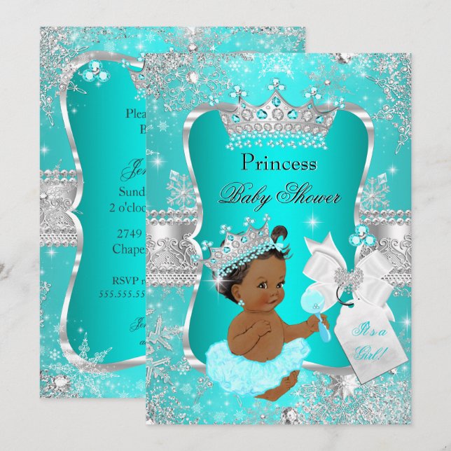 Aqua Teal Blue Princess Baby Shower Ethnic Invitation (Front/Back)