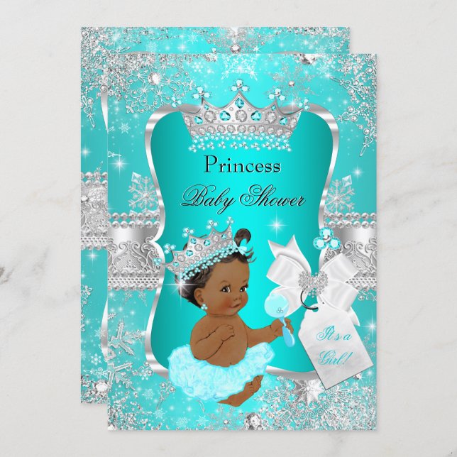 Aqua Teal Blue Princess Baby Shower Ethnic Invitation (Front/Back)