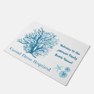 Aqua-teal blue sand dollar, coral, starfish doormat