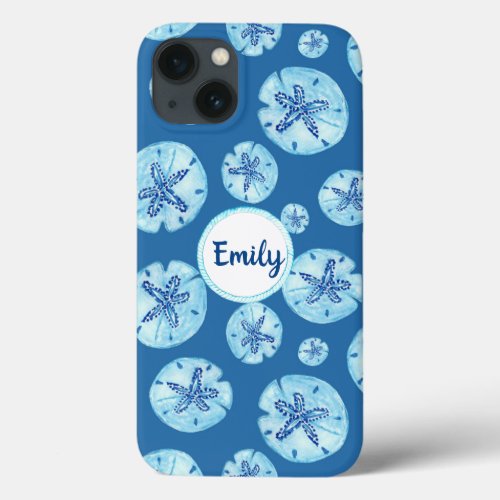 Aqua_teal blue sand dollar watercolor_custom name iPhone 13 case