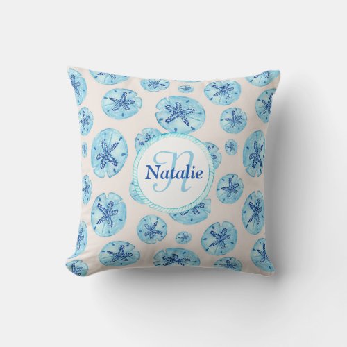 Aqua teal_blue sand dollar watercolor custom name throw pillow