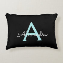 Aqua Teal Blue Script Girly Monogram Name Accent Pillow