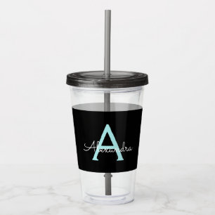 Aqua Teal Blue Script Girly Monogram Name Acrylic Tumbler