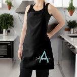 Aqua Teal Blue Script Girly Monogram Name Apron<br><div class="desc">Black and Aqua Blue Teal Monogram Name Apron. This makes the perfect sweet 16 birthday,  wedding,  bridal shower,  anniversary,  baby shower or bachelorette party gift for someone that loves glam luxury and chic styles.</div>