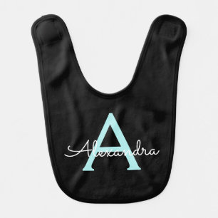 Aqua Teal Blue Script Girly Monogram Name Baby Bib
