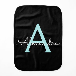 Aqua Teal Blue Script Girly Monogram Name Baby Burp Cloth