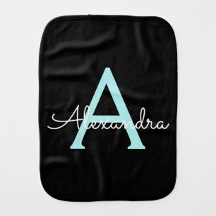 Aqua Teal Blue Script Girly Monogram Name Baby Burp Cloth