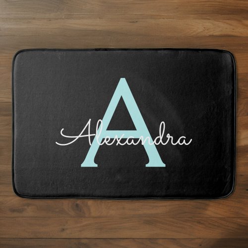 Aqua Teal Blue Script Girly Monogram Name Bath Mat