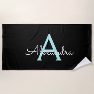 Aqua Teal Blue Script Girly Monogram Name Beach Towel
