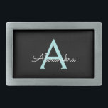 Aqua Teal Blue Script Girly Monogram Name Belt Buckle<br><div class="desc">Black and Aqua Teal Blue Simple Script Monogram Name Belt Buckle. This makes the perfect graduation,  sweet 16 16th,  18th,  21st,  30th,  40th,  50th,  60th,  70th,  80th,  90th,  100th birthday,  wedding,  bridal shower,  anniversary,  baby shower or bachelorette party gift for someone that loves glam luxury and chic styles.</div>