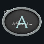 Aqua Teal Blue Script Girly Monogram Name Belt Buckle<br><div class="desc">Black and Aqua Teal Blue Simple Script Monogram Name Belt Buckle. This makes the perfect graduation,  sweet 16 16th,  18th,  21st,  30th,  40th,  50th,  60th,  70th,  80th,  90th,  100th birthday,  wedding,  bridal shower,  anniversary,  baby shower or bachelorette party gift for someone that loves glam luxury and chic styles.</div>
