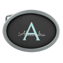 Aqua Teal Blue Script Girly Monogram Name Belt Buckle