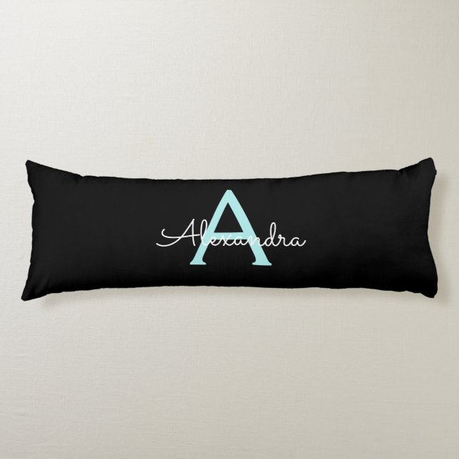 Aqua Teal Blue Script Girly Monogram Name Body Pillow (Front)