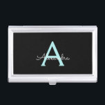 Aqua Teal Blue Script Girly Monogram Name Business Card Case<br><div class="desc">Black and Aqua Blue Teal Simple Script Monogram Name Business Card Holder. This makes the perfect sweet 16 birthday,  wedding,  bridal shower,  anniversary,  baby shower or bachelorette party gift for someone that loves glam luxury and chic styles.</div>