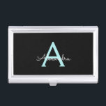 Aqua Teal Blue Script Girly Monogram Name Business Card Case<br><div class="desc">Black and Aqua Blue Teal Simple Script Monogram Name Business Card Holder. This makes the perfect sweet 16 birthday,  wedding,  bridal shower,  anniversary,  baby shower or bachelorette party gift for someone that loves glam luxury and chic styles.</div>