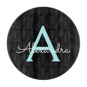 Aqua Teal Blue Script Girly Monogram Name Cutting Board